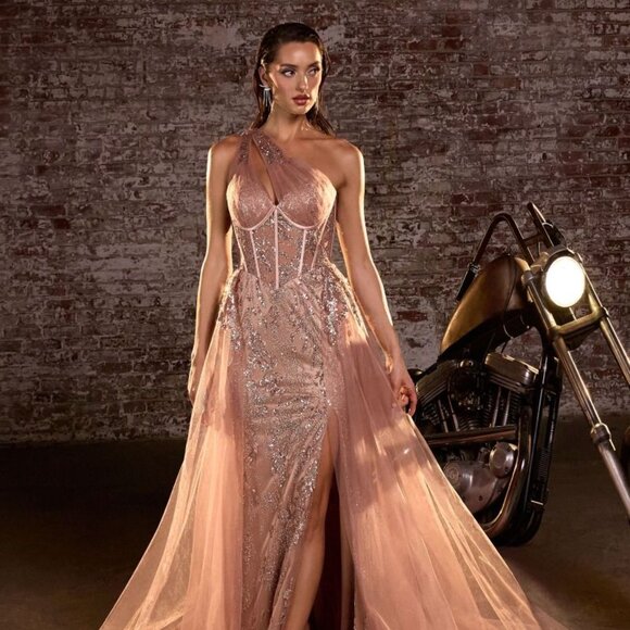 New One Shoulder Refined A-Line Gown w/ Sequins Embroidery & Overskirt CD J869 - Picture 1 of 9